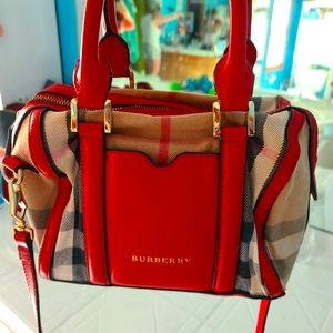 Authenic Burberry cloth crossbody bag with red leather trim